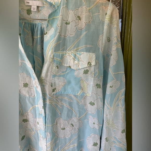 Gap Med Button Front Blouse Blue White Floral Print Silk Cotton Long Sleeve - Picture 3 of 8